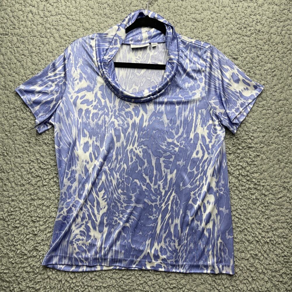 Susan Graver Top Blouse Women Medium Cowl Neck Liquid Animal Print Short Sleeve